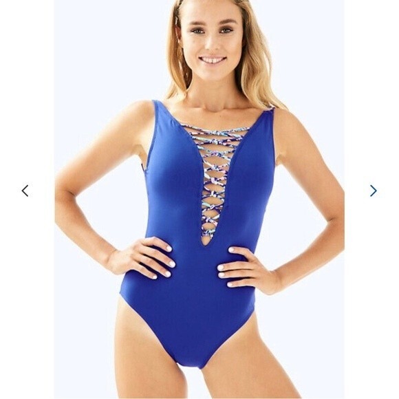 Lilly Pulitzer Royal Blue Isle Lattice One-Piece Swimsuit Size 0 - Picture 2 of 6